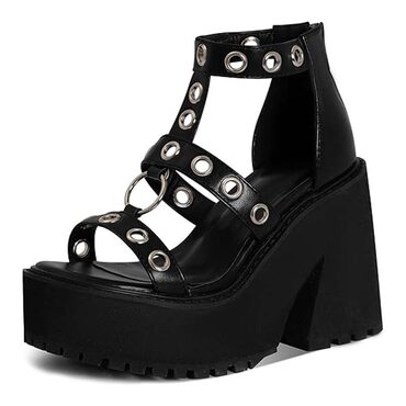 Gothic Punk Metal Chain Black Wedge Platform Sandals