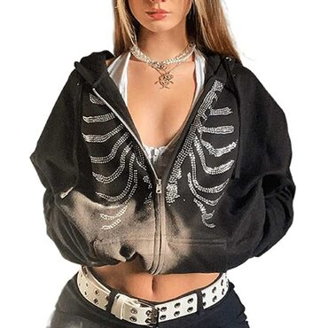 Hot Rhinestone Skeleton Zip Up Hoodie