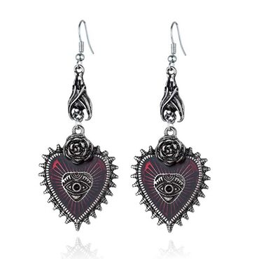 Evil Gothic Red Eye Heart Earrings
