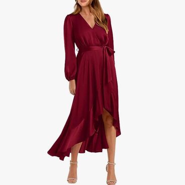 Casual Long Sleeve Wrap V Neck Dress