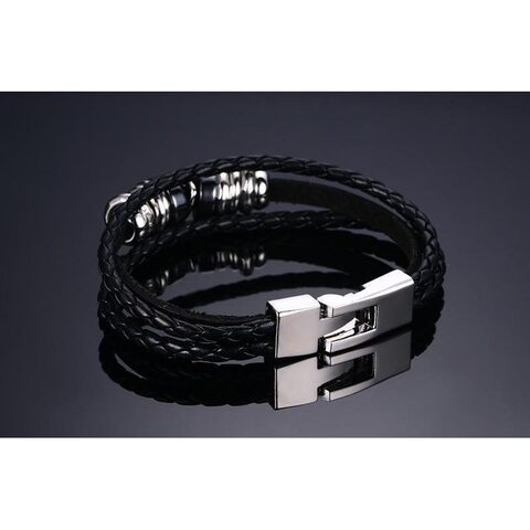 Badass Men's Silver and Black Cow Hide Bracelet - The Black Ravens