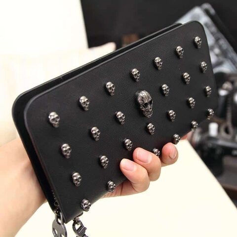 Beautiful Tiny Wallet With Studded Skulls - The Black Ravens
