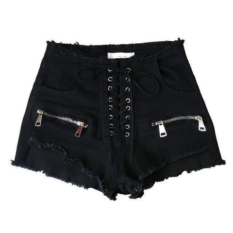 Black High Waist Cross Straps Denim Shorts - The Black Ravens