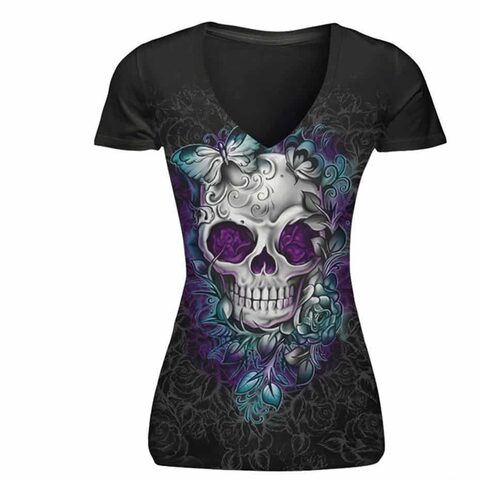 Blue and Purple Butterfly Skull Gothic Top - The Black Ravens
