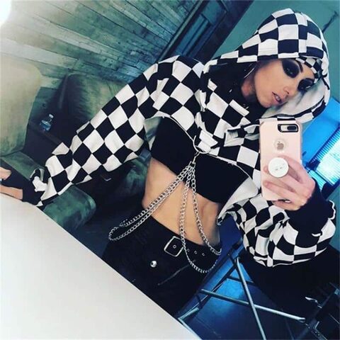 Checkerboard Ladies' Hooded Midriff - The Black Ravens