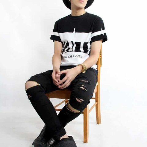 Cool Destroyed Ripped Knee Black and White Jeans For Men - The Black Ravens