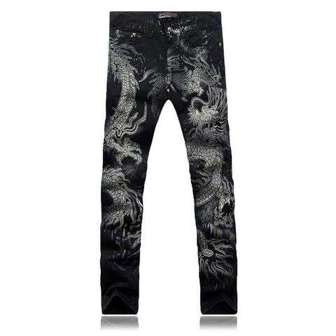 Cool Dragon Printed Black Denim Trousers For Men - The Black Ravens