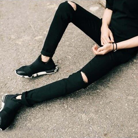 Cool Solid Pencil Knee Hole Jeans - The Black Ravens