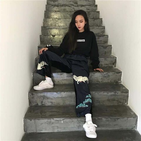 Crane Bird Print Ladies Casual Trousers - The Black Ravens