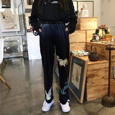 Crane Bird Print Ladies Casual Trousers - The Black Ravens