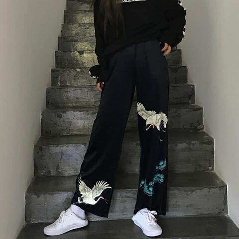 Crane Bird Print Ladies Casual Trousers - The Black Ravens