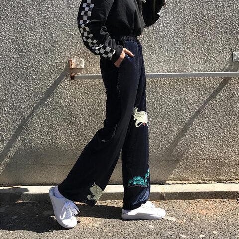 Crane Bird Print Ladies Casual Trousers - The Black Ravens