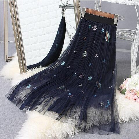 Embroidered Pleated Mesh Ladies Long Skirt - The Black Ravens