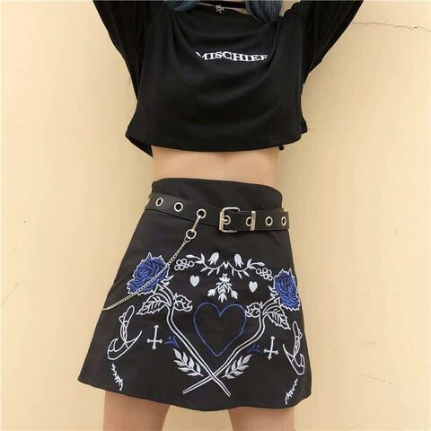 Girl's Leather Punk Embroidered Skirt - The Black Ravens