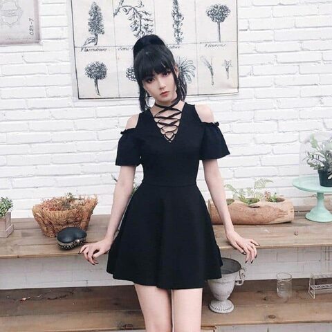 Gothic Bandage Hollow Shoulder Dress - The Black Ravens