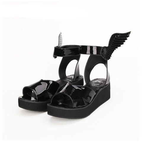 Gothic Black Angel Wing Sandal Wedges - The Black Ravens