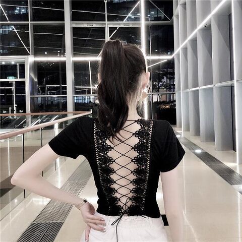 Gothic Open Back Lace Up Girl's Tee - The Black Ravens