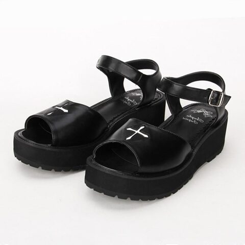 Gothic Summer Black Cross Lolita Sandals - The Black Ravens