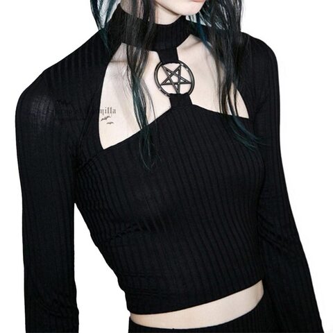 Hollow Out Chest Pentagram Gothic Crop Top - The Black Ravens