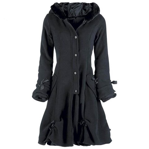 Long Vintage Black Fur Gothic Trench Coat - The Black Ravens
