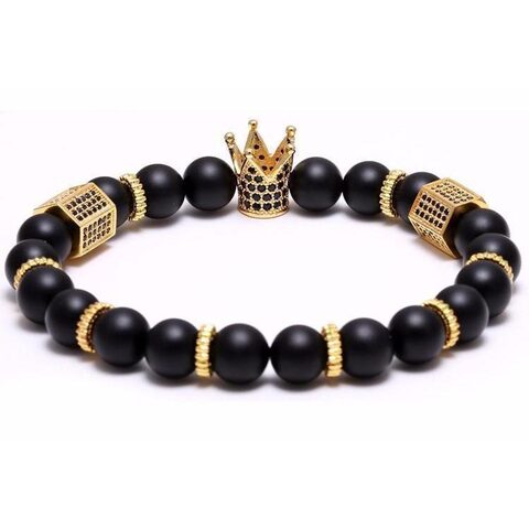 Mens Black Zirconia Gold Crown Charm Bracelet - The Black Ravens