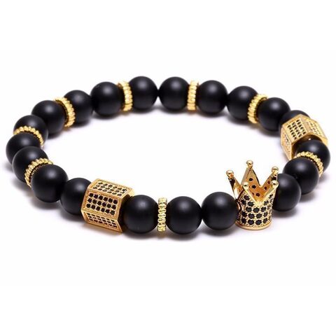 Mens Black Zirconia Gold Crown Charm Bracelet - The Black Ravens