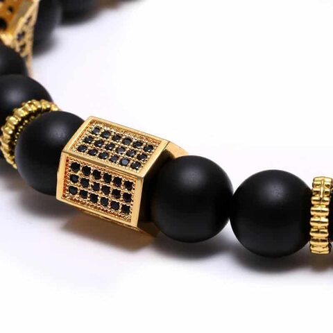 Mens Black Zirconia Gold Crown Charm Bracelet - The Black Ravens