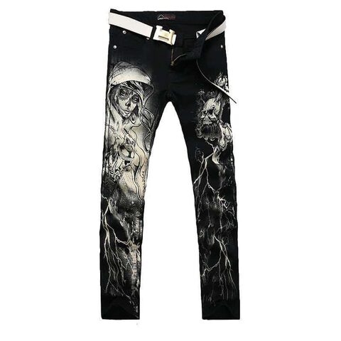 Men`s Printed Gothic Design Cotton Straight Leg Jeans - The Black Ravens