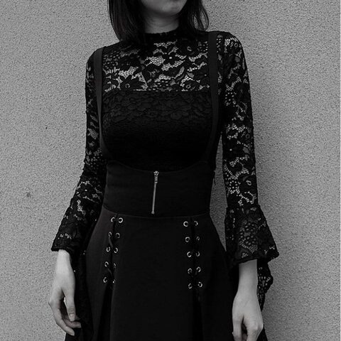 Unique Black Lace-up Zippered Pleated Skirt - The Black Ravens