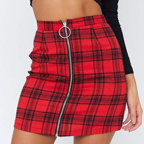 Red Plaid Pencil Mini Skirt - The Black Ravens