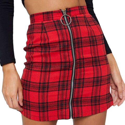 Red Plaid Pencil Mini Skirt - The Black Ravens