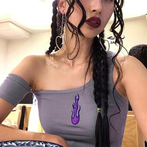 Red and Purple Flame Asymmetrical Crop Top - The Black Ravens