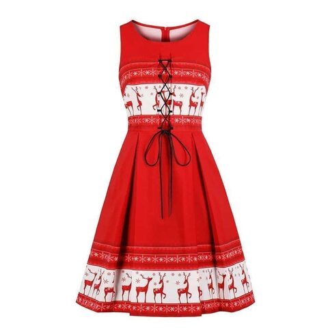 Red Reindeer Lace Up Christmas Dress - The Black Ravens