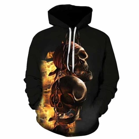 Rocker Flaming Chained Skulls Hoodie For Guys - The Black Ravens
