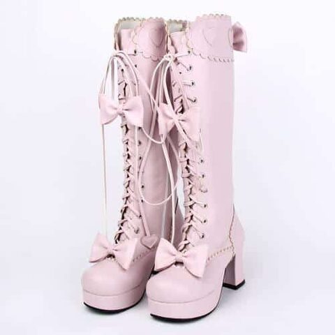 Sexy Pink Lace Lolita Bowtie Boots - The Black Ravens