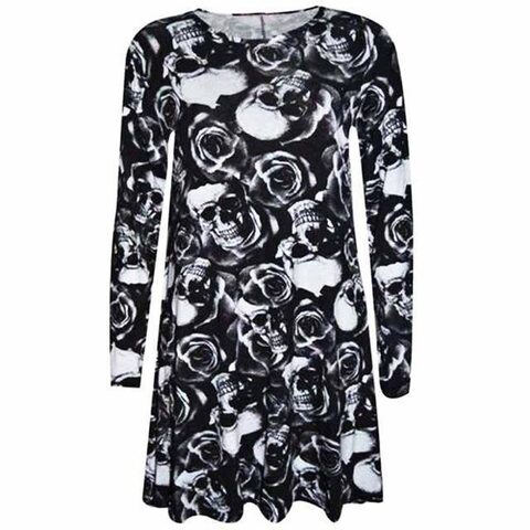 Unique Skull and Roses Print Full-Sleeve Dress - The Black Ravens