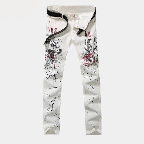 White Wolf Printed Elastic Slim Fit Denim Jeans - The Black Ravens