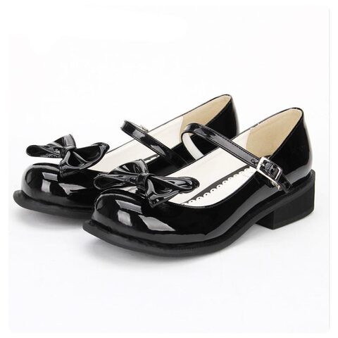 Women Shining Black Leather Low Heel Lolita Shoes - The Black Ravens