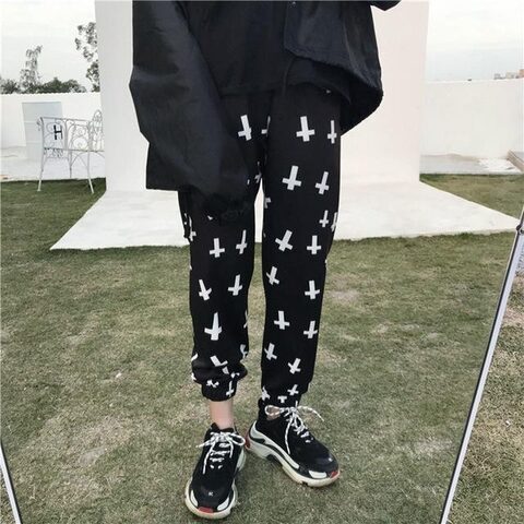 Women's Gothic Cross Printed Trousers - The Black Ravens