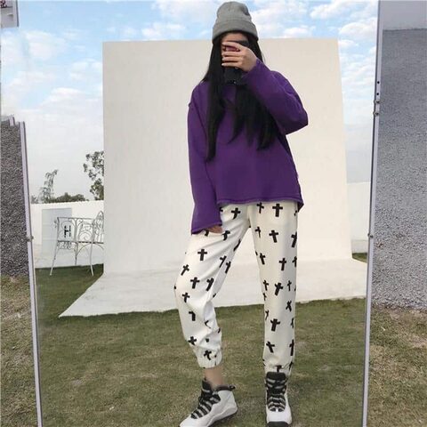 Women's Gothic Cross Printed Trousers - The Black Ravens