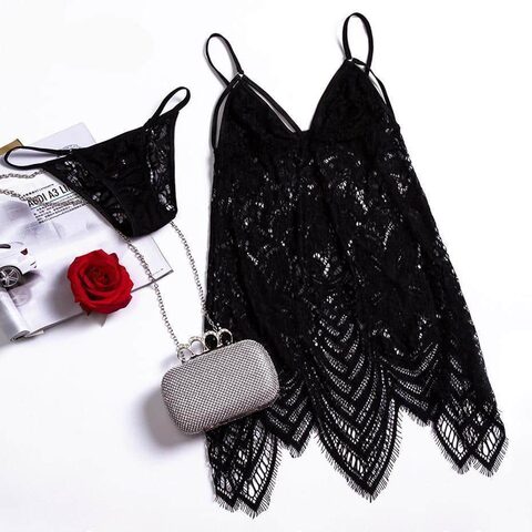 Women's Lace Spaghetti Strap Black Bra Set - The Black Ravens
