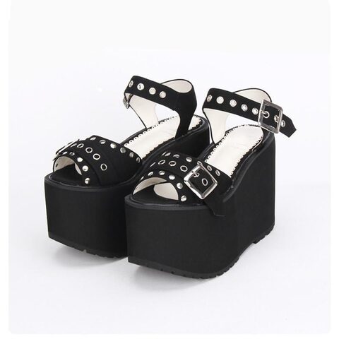 Women's Thick Platform Black and Red Rivet Shoes - The Black Ravens