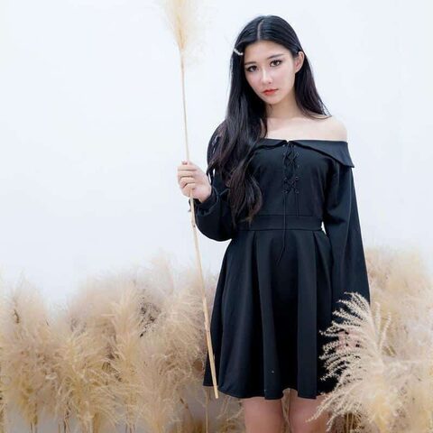 Women's Vintage Off Shoulder Black Dress - The Black Ravens