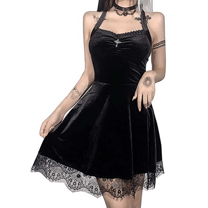 Vintage Black Lace Draped Bodycon Goth Dress