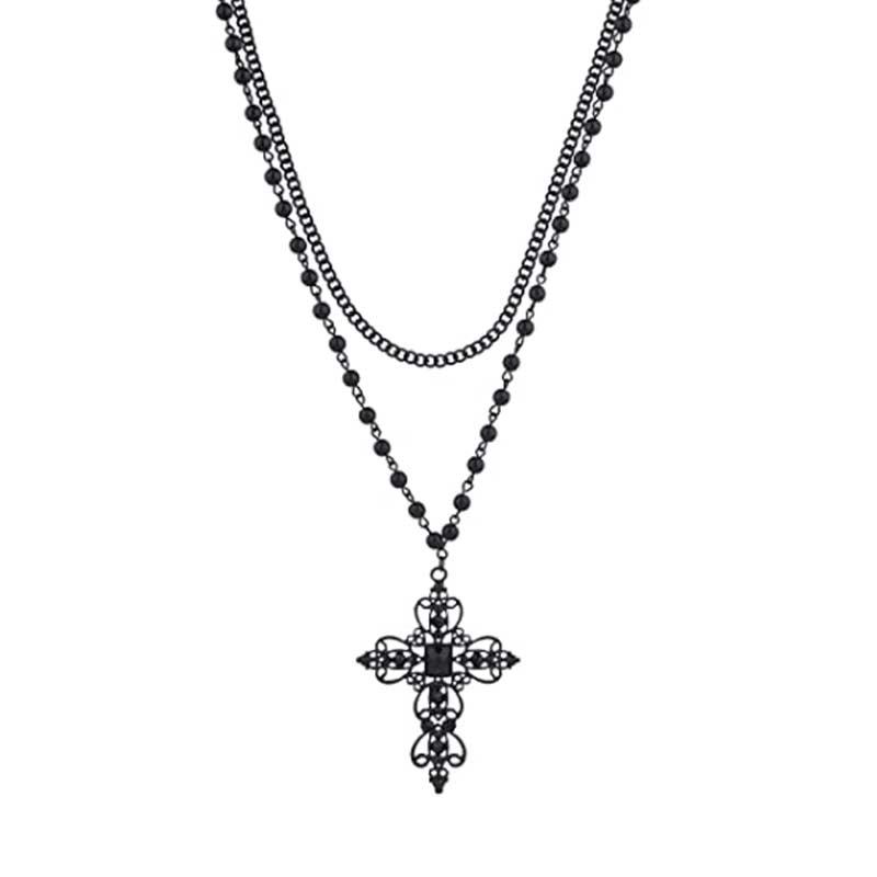 Gothic Rosary Beaded Cross Necklace