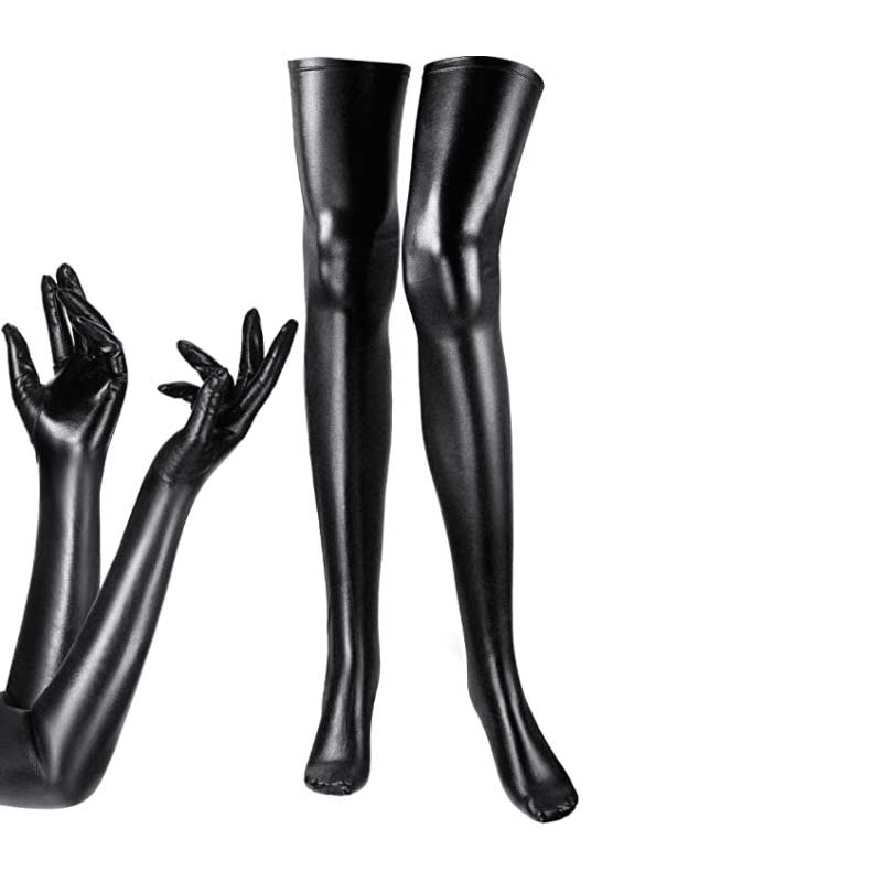 Elastic Shiny Wet Look Gloves and Thigh Highs