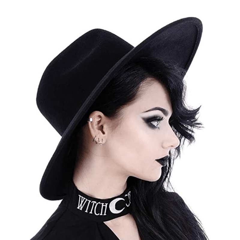 Witchy Stiff Black Wool Wide-Brim Goth Hat