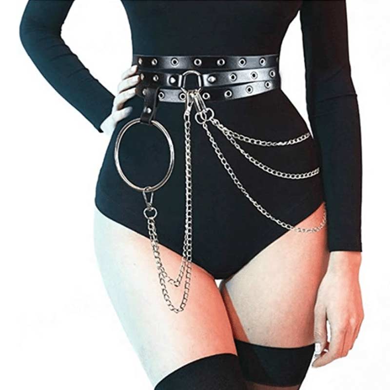 Goth Leather Black Belly Chain Harness