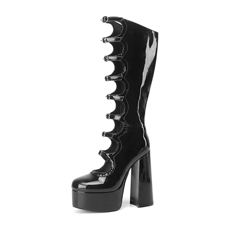 Buckle Strap Platform Chunky High Heeled Boots