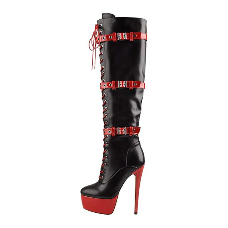 Red/Black Lace Up Stiletto Knee High Boots